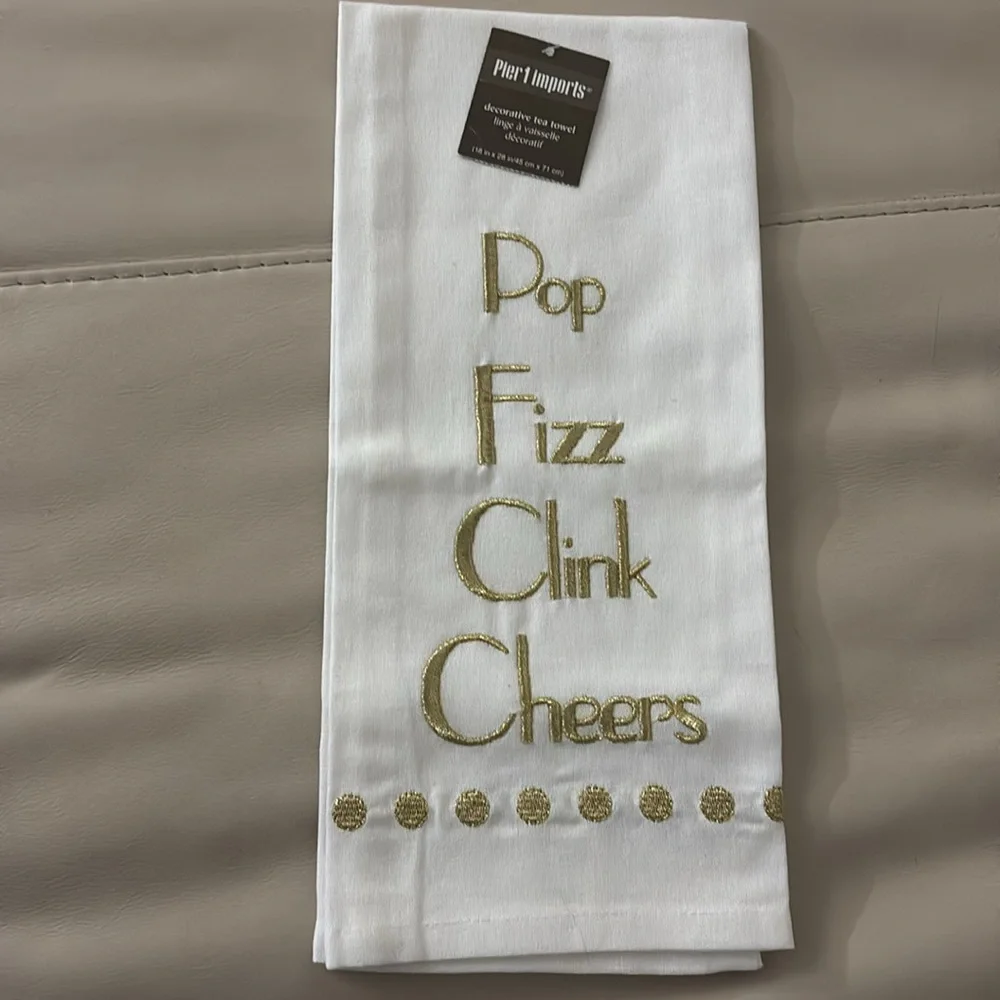 Pier 1 Tea Towel and Gold Cocktail Napkins Pop Fizz Clink Cheers